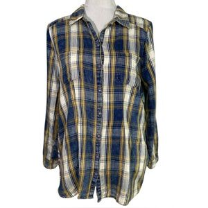 Soft Surroundings Plaid & Floral Patchwork Long Sleeve Button Up Top Blouse Sz S